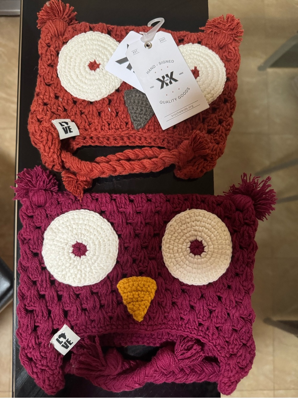 Kids Crochet Owl Hat - Red and Magenta